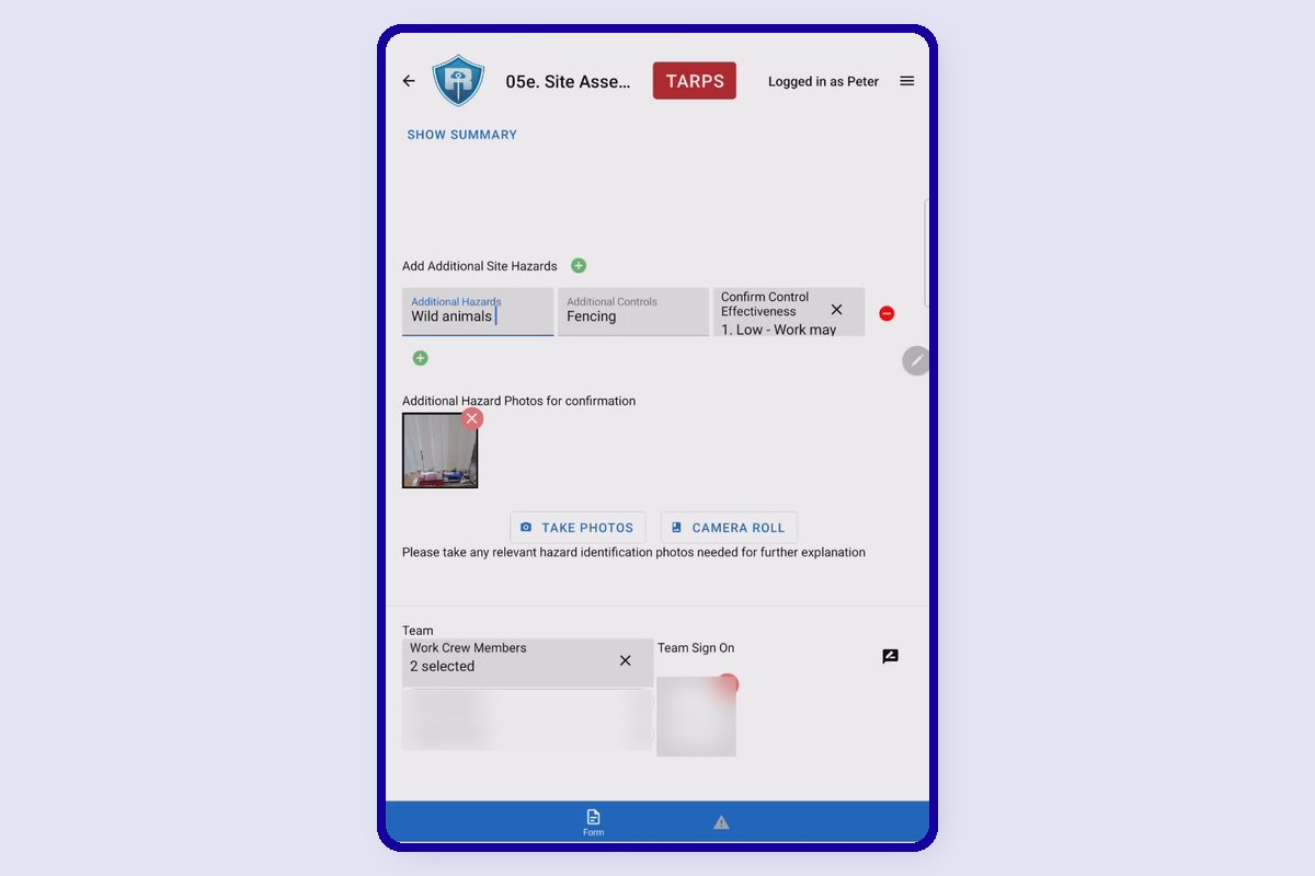 Field Portal: a site assessment on a tablet recording an added hazard, its control, a control effectiveness check, a photo and team sign-on